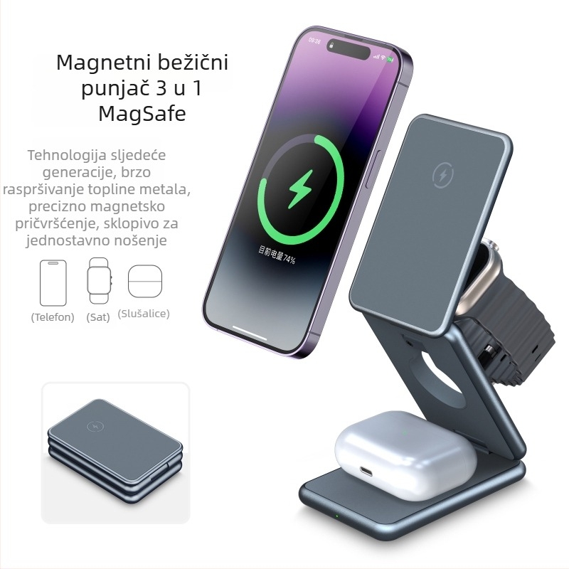 Tri u jedan bežični punjač od aluminijske legure za Apple i Samsung satove sa sklopivim metalnim stalkom (AK09; Ulaz 2000; Izlaz 1.5; Punjenje 2100 mA; CE/FCC/ROHS)