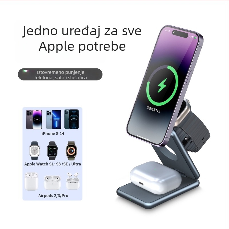 Tri u jedan bežični punjač od aluminijske legure za Apple i Samsung satove sa sklopivim metalnim stalkom (AK09; Ulaz 2000; Izlaz 1.5; Punjenje 2100 mA; CE/FCC/ROHS)