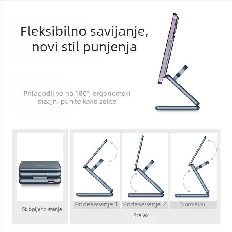 Tri u jedan bežični punjač od aluminijske legure za Apple i Samsung satove sa sklopivim metalnim stalkom (AK09; Ulaz 2000; Izlaz 1.5; Punjenje 2100 mA; CE/FCC/ROHS)