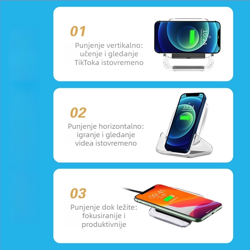 Bežični punjač s vertikalnim držačem za telefon, 15W brzo bežično punjenje, 3-u-1 stolni docking, QC3.0, CE/ROHS