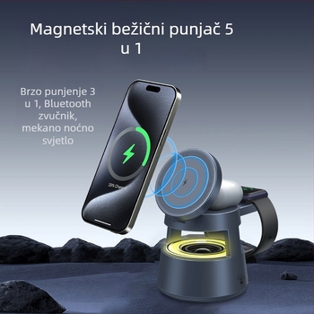 Pet u jedan magnetski bežični punjač za iPhone, slušalice, sat, Bluetooth zvučnik i noćno svjetlo – izlaz za telefon do 15W, za slušalice i sat 3W, ukupno 21W, QC 3.0