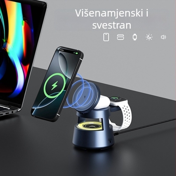 Pet u jedan magnetski bežični punjač za iPhone, slušalice, sat, Bluetooth zvučnik i noćno svjetlo – izlaz za telefon do 15W, za slušalice i sat 3W, ukupno 21W, QC 3.0