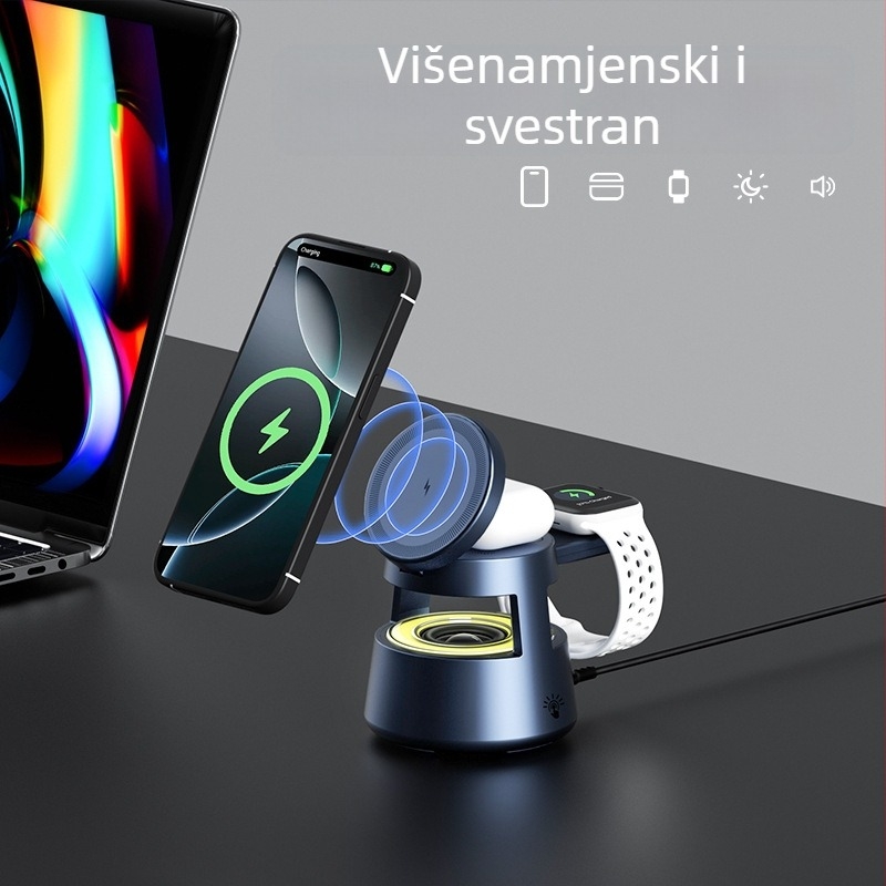Pet u jedan magnetski bežični punjač za iPhone, slušalice, sat, Bluetooth zvučnik i noćno svjetlo – izlaz za telefon do 15W, za slušalice i sat 3W, ukupno 21W, QC 3.0
