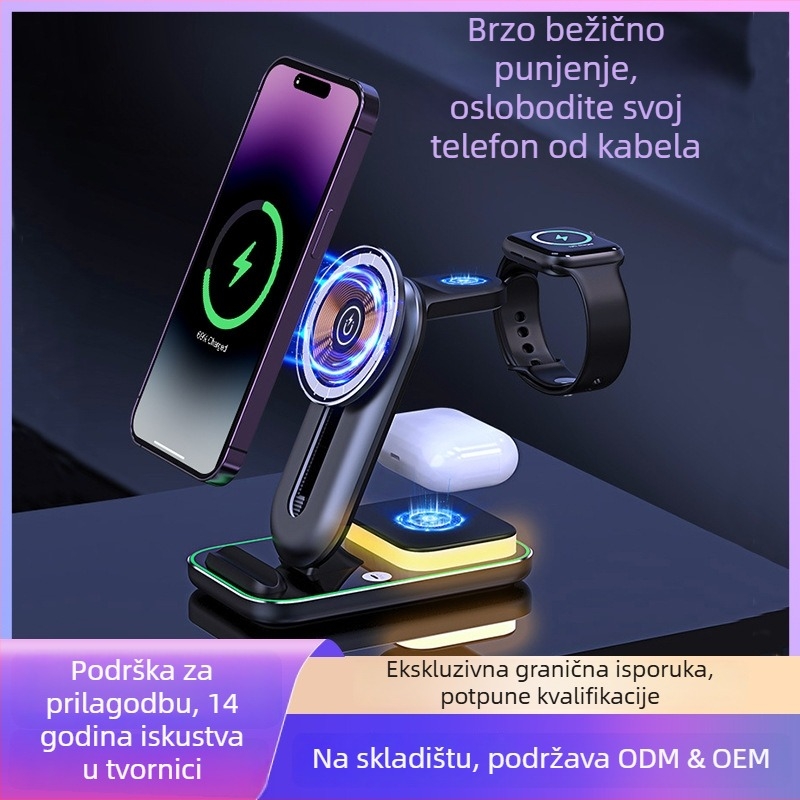 Magnetski bežični punjač 3-u-1 s podesivim stolnim držačem za telefon, QC3.0 brzo punjenje, izlaz 15W