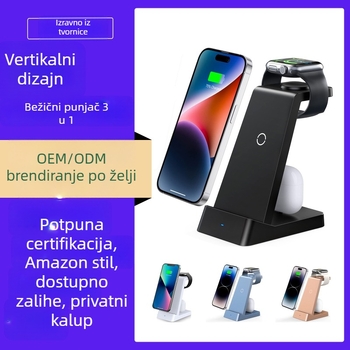3-in-1 bežični punjač s vertikalnim stolnim držačem za telefon – 15W brzo punjenje, QC3.0, ukupna snaga 18W