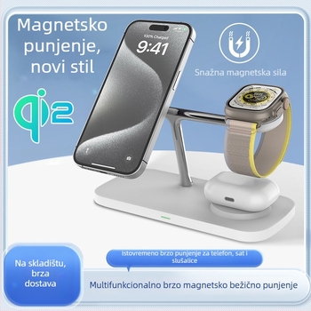 3-u-1 magnetski bežični punjač za iPhone 15, brzo punjenje, PD protokol, max 15W, ukupno 25W, kompatibilan sa Samsung uređajima i pametnim satovima