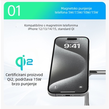 3-u-1 magnetski bežični punjač za iPhone 15, brzo punjenje, PD protokol, max 15W, ukupno 25W, kompatibilan sa Samsung uređajima i pametnim satovima