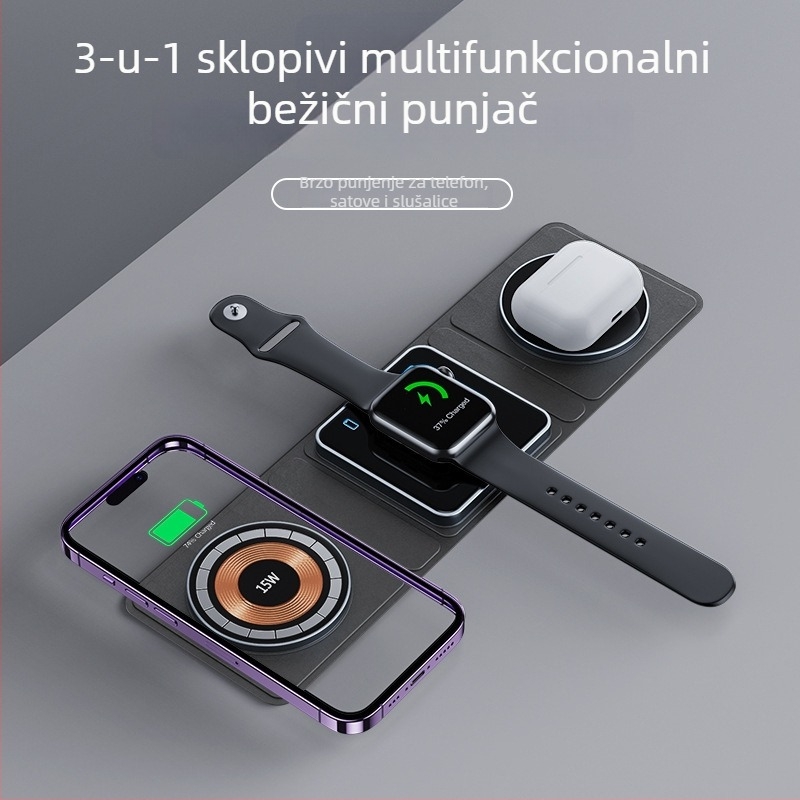 MagSafe magnetski bežični punjač, tri u jednom, sklopivi prijenosni brzi punjač za iPhone i Apple Watch, ulaz 15V, izlaz 1.5A, struja punjenja 1500mA, litijeva baterija