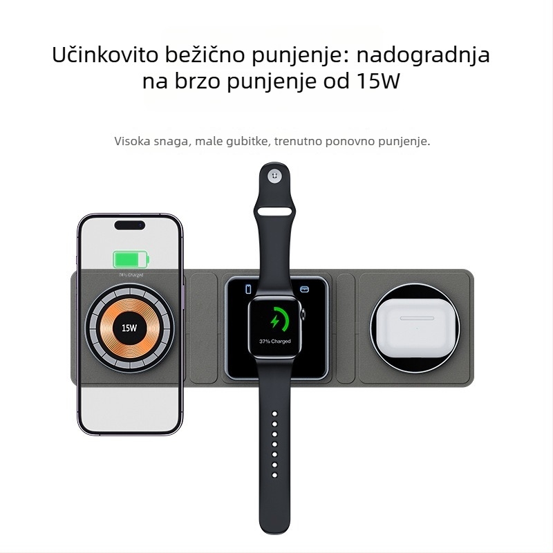 MagSafe magnetski bežični punjač, tri u jednom, sklopivi prijenosni brzi punjač za iPhone i Apple Watch, ulaz 15V, izlaz 1.5A, struja punjenja 1500mA, litijeva baterija