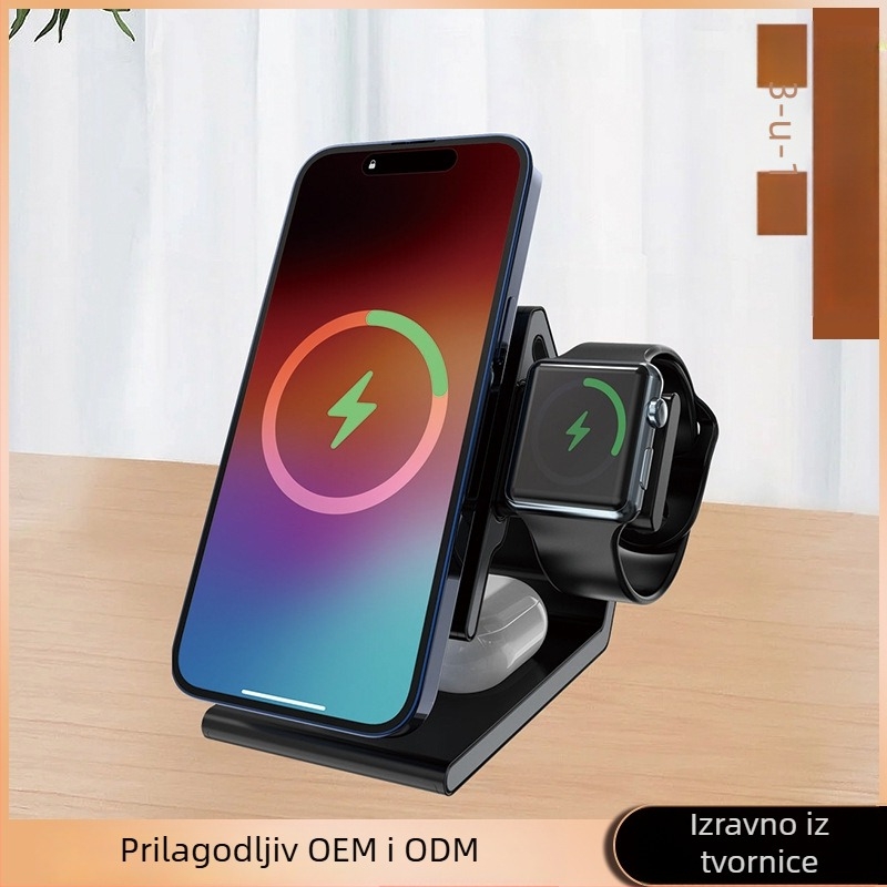 3-u-1 sklopivi magnetski stolni bežični punjač 15W s QC3.0 za iPhone, Apple Watch, slušalice i telefon
