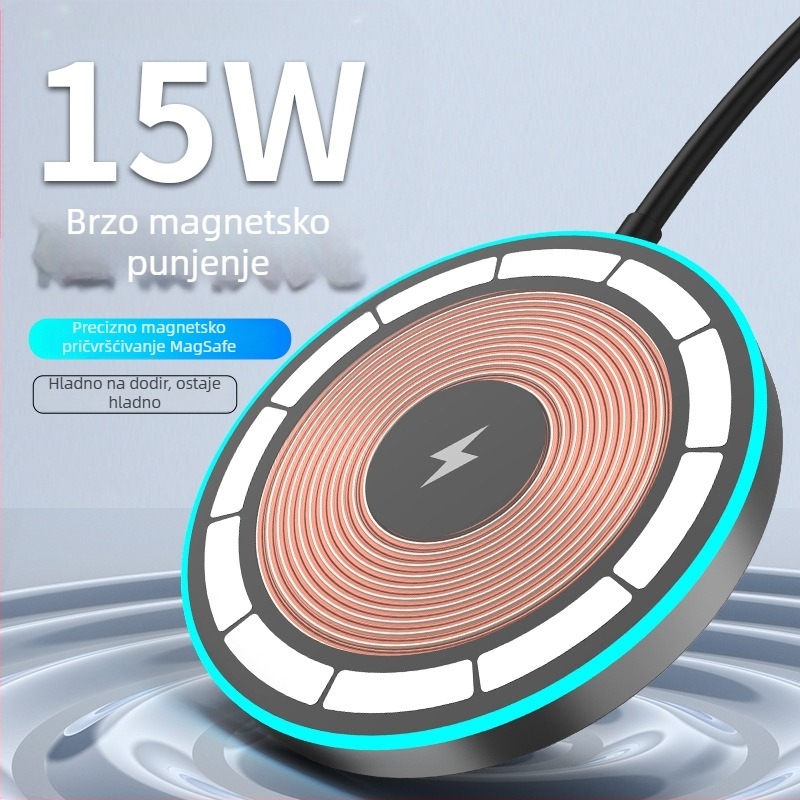 Bežični magnetski punjač za iPhone s pulsirajućom svjetlošću — 15W PD, 1.67A