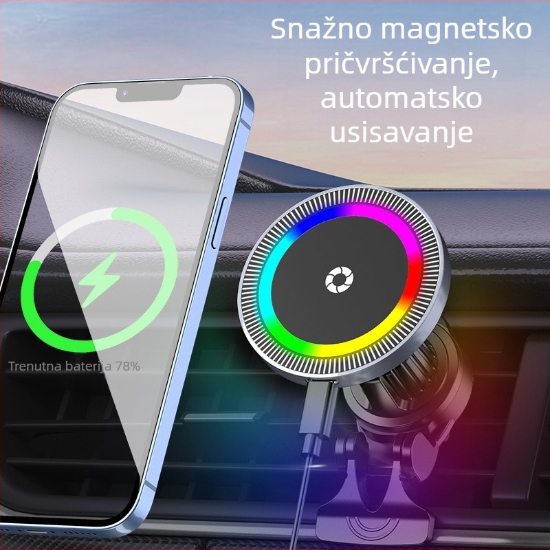 Bežični auto punjač za iPhone s magnetskim držačem, držač od aluminijske legure, 15W max, QC3.0, ulaz 9V/1.6A
