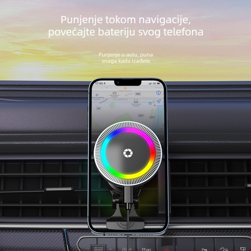 Bežični auto punjač za iPhone s magnetskim držačem, držač od aluminijske legure, 15W max, QC3.0, ulaz 9V/1.6A
