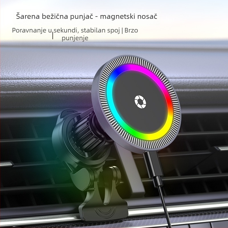 Bežični auto punjač za iPhone s magnetskim držačem, držač od aluminijske legure, 15W max, QC3.0, ulaz 9V/1.6A