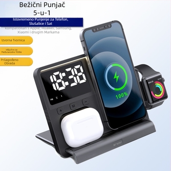Pet u jedinstvenom magnetskom bežičnom punjaču za iPhone, Apple Watch i AirPods uz digitalni zaslon i ambijentalno svjetlo; maksimalni izlaz 15W; QC3.0 brzo punjenje