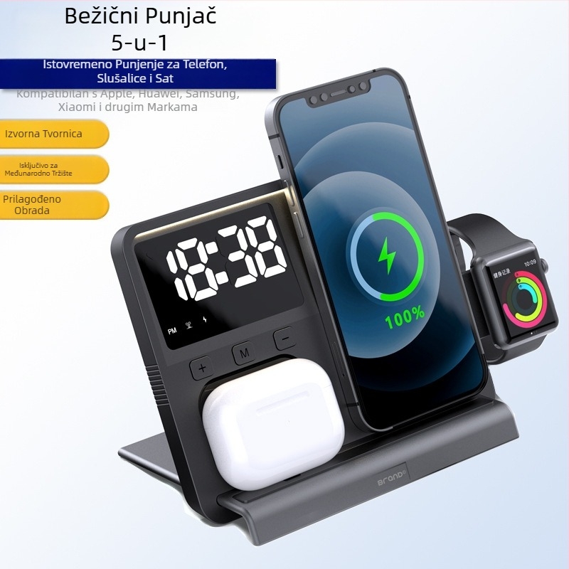 Pet u jedinstvenom magnetskom bežičnom punjaču za iPhone, Apple Watch i AirPods uz digitalni zaslon i ambijentalno svjetlo; maksimalni izlaz 15W; QC3.0 brzo punjenje