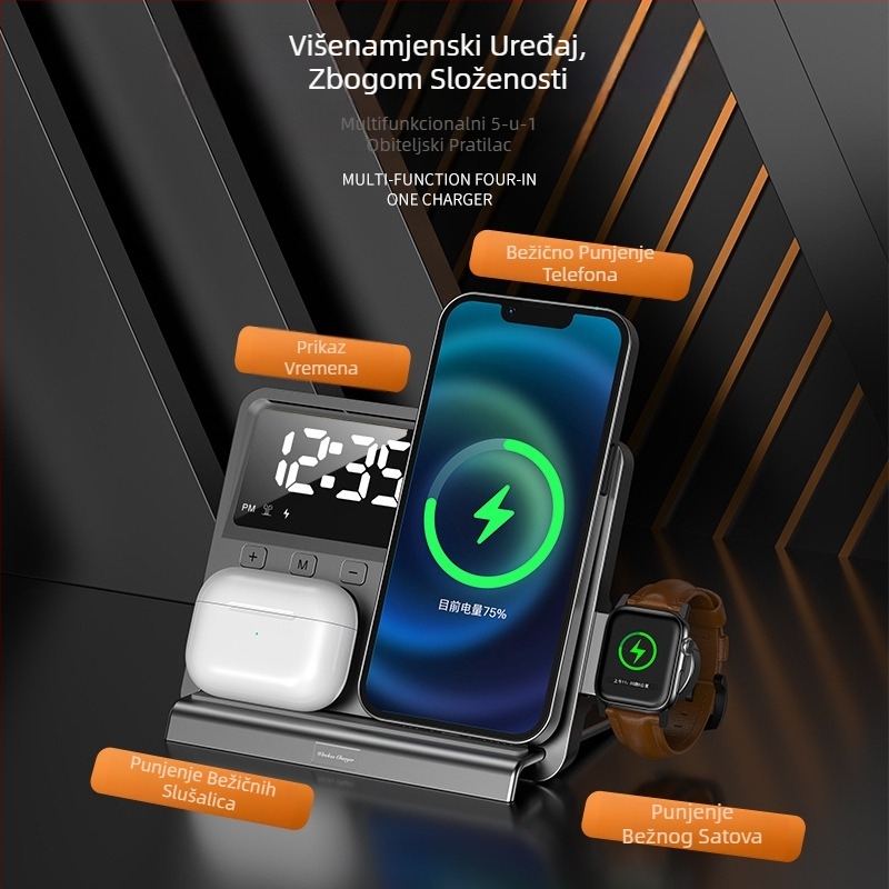 Pet u jedinstvenom magnetskom bežičnom punjaču za iPhone, Apple Watch i AirPods uz digitalni zaslon i ambijentalno svjetlo; maksimalni izlaz 15W; QC3.0 brzo punjenje