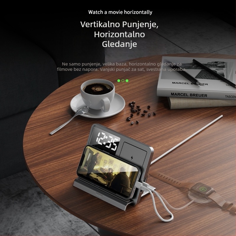 Pet u jedinstvenom magnetskom bežičnom punjaču za iPhone, Apple Watch i AirPods uz digitalni zaslon i ambijentalno svjetlo; maksimalni izlaz 15W; QC3.0 brzo punjenje