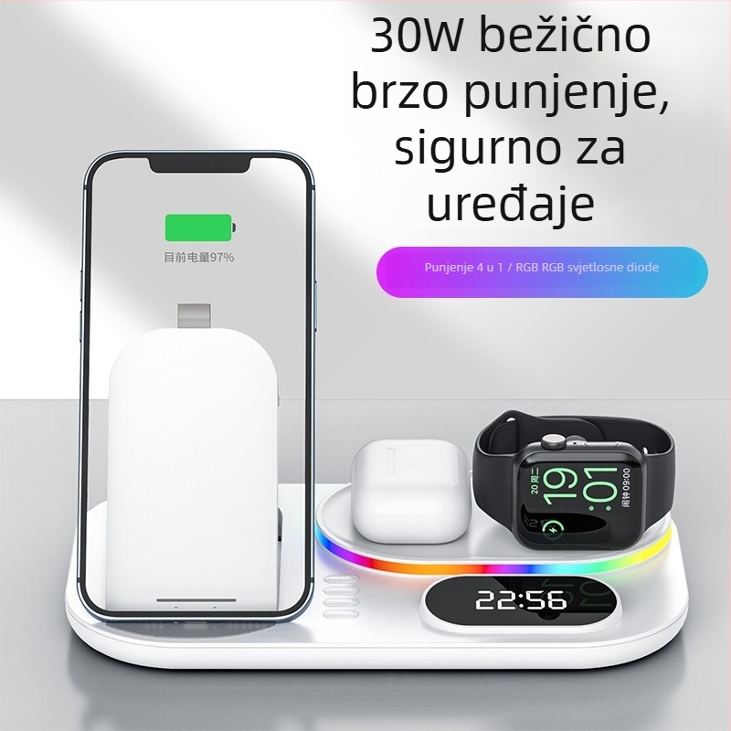 Xjcx Xiajiang Innovation 3-u-1 bežični punjač za Apple iPhone i Apple Watch Series 1–7 – baza 30W, magnetsko punjenje, digitalni prikaz, Type-C, QC4.0
