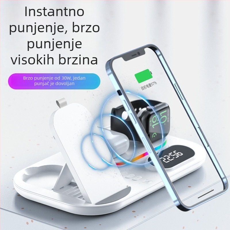 Xjcx Xiajiang Innovation 3-u-1 bežični punjač za Apple iPhone i Apple Watch Series 1–7 – baza 30W, magnetsko punjenje, digitalni prikaz, Type-C, QC4.0