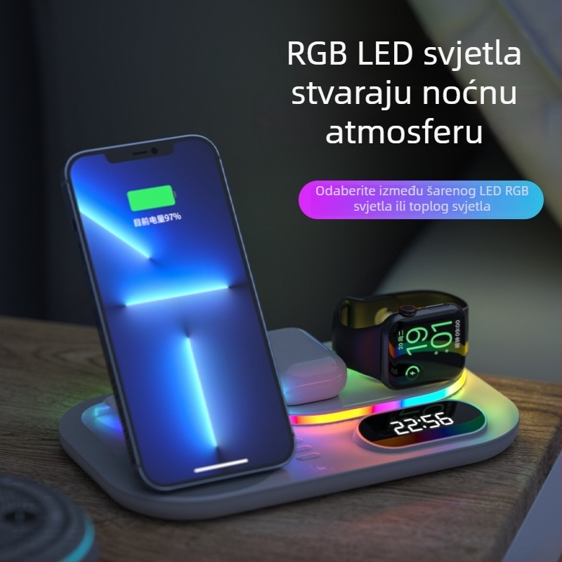 Xjcx Xiajiang Innovation 3-u-1 bežični punjač za Apple iPhone i Apple Watch Series 1–7 – baza 30W, magnetsko punjenje, digitalni prikaz, Type-C, QC4.0