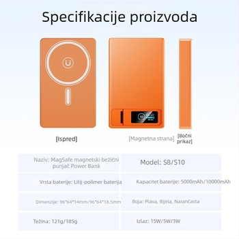 Magnetska bežična ultra-tanka Power Bank s 10 000 mAh, ugrađeni kabel, 22.5W PD3.0