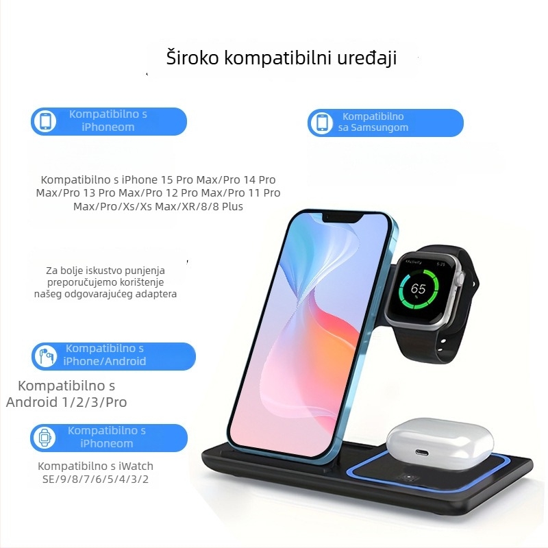 3-u-1 bežični punjač – vertikalna stolna podrška, Qi 3.0, magnetsko punjenje, 15W maksimalno, 2A izlaz
