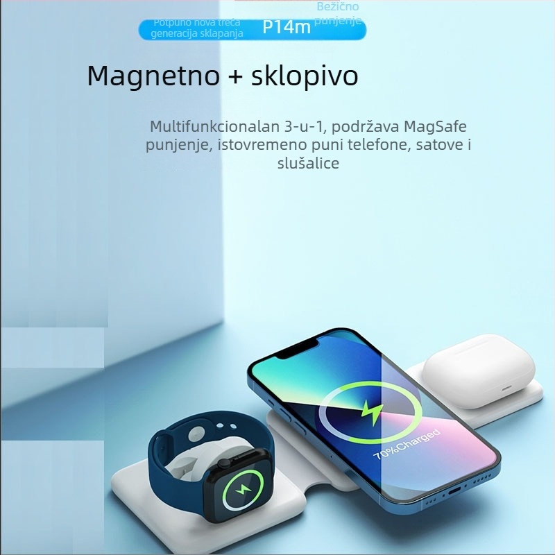 Tri u jednoj magnetsko bežično punjač-stalak s PD brzim punjenjem – za telefone, satove i slušalice – sklopivo, max 15W