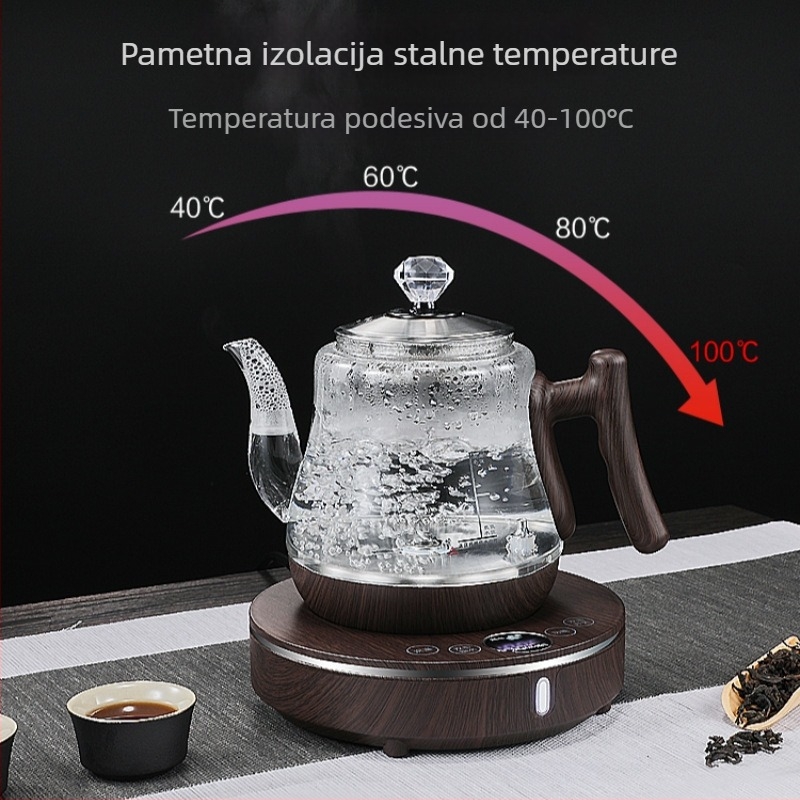 Električni čajni set s staklenim čajem i keramičkom bazom, 1000–1500W, kapacitet 1–2L, 360° baza, zaštita od suhog kuhanja