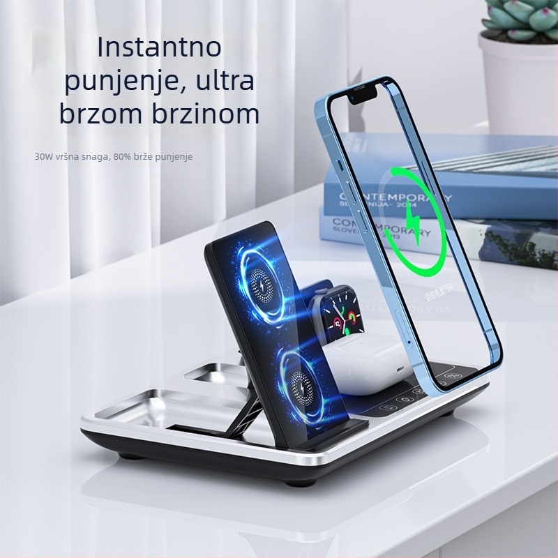 Pet u jednoj sklopivi stoja za bežično punjenje s automatskim senzorom za telefon, sat i slušalice — ABS, stolni, univerzalni