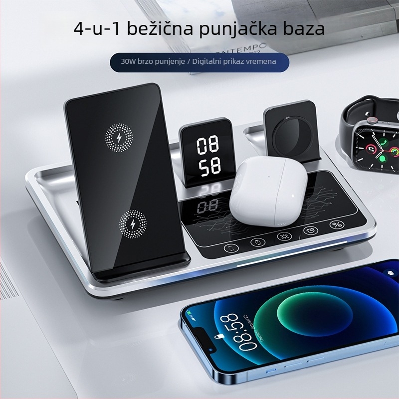 Pet u jednoj sklopivi stoja za bežično punjenje s automatskim senzorom za telefon, sat i slušalice — ABS, stolni, univerzalni