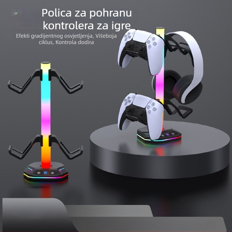 RGB osvijetljeni 4-u-1 stalak za prikaz kontrolera PS4/PS5/Xbox/Switch i slušalica; ABS materijal; odvojivi USB priključak za punjenje.