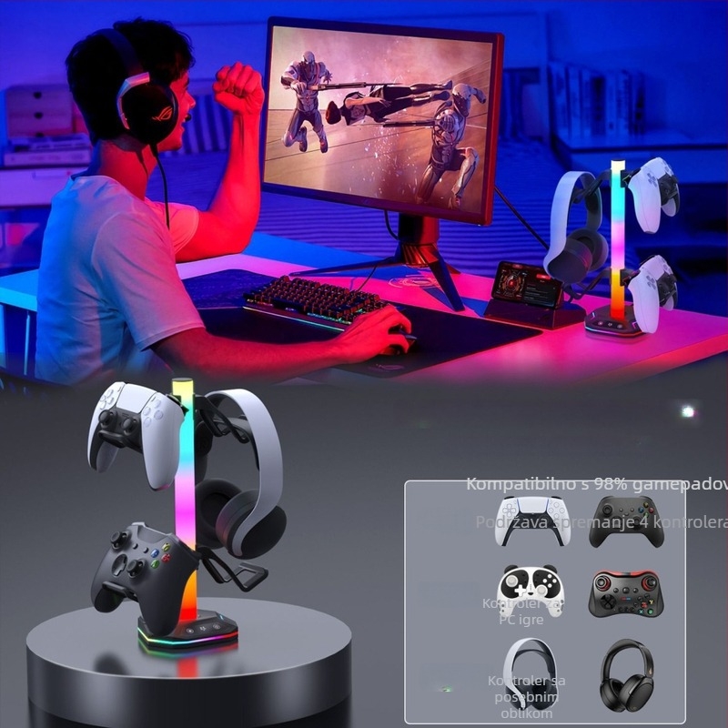RGB osvijetljeni 4-u-1 stalak za prikaz kontrolera PS4/PS5/Xbox/Switch i slušalica; ABS materijal; odvojivi USB priključak za punjenje.