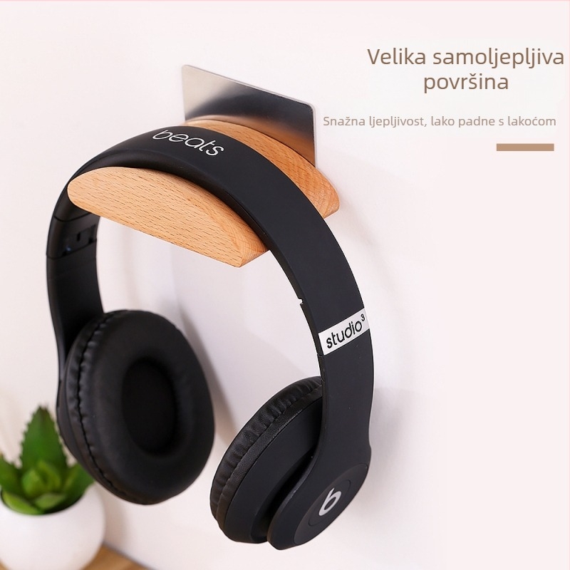 Zidni držač za headset – Beech Wood & Stainless Steel, model BJ-011, marka Dripping Flood, zidni kuka s ljepilom, za slušalice, OEM