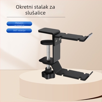 Stolni nosač za slušalice s dvostrukim kukama, 360° rotacija, metalna konstrukcija, bez bušenja