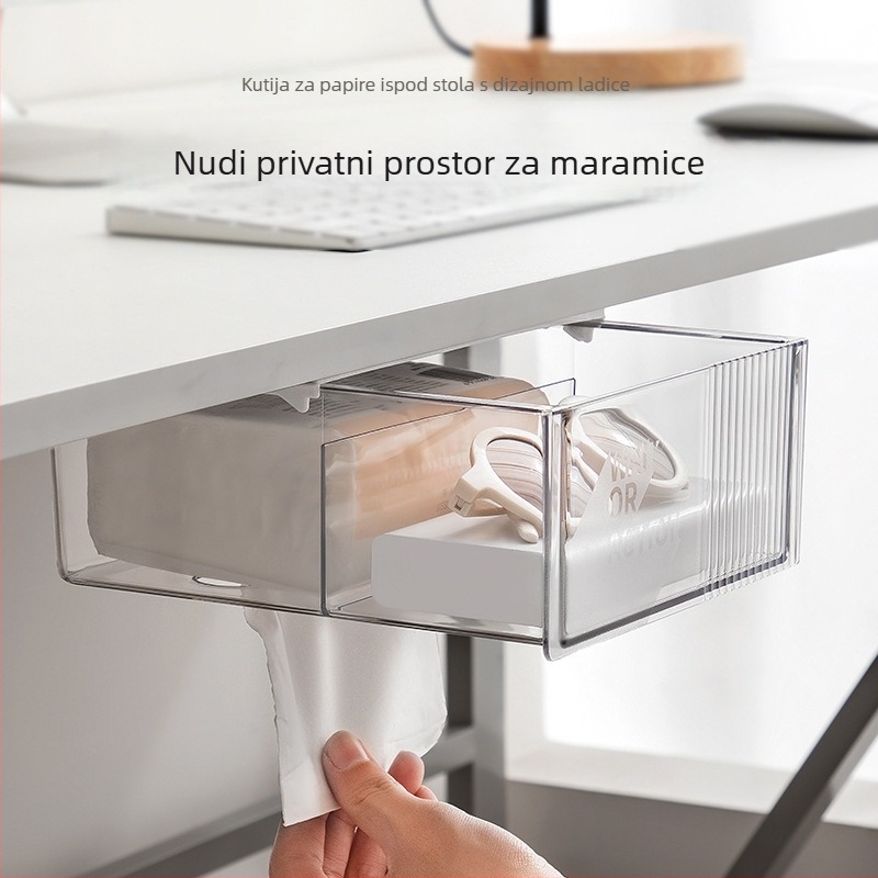 Kutija za pohranu u ladici stola s pregradama, skrivena kutija za maramice, PS plastika, model S015, kapacitet 2L, otporna na prašinu