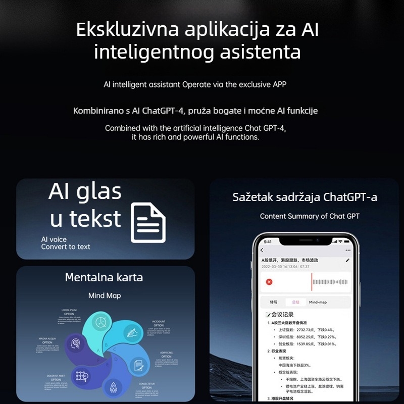 AI-omogućen glasovni diktafon MP3 player, 200 h WAV snimanja, snimanje jednim klikom, USB 2.0, metalno kućište