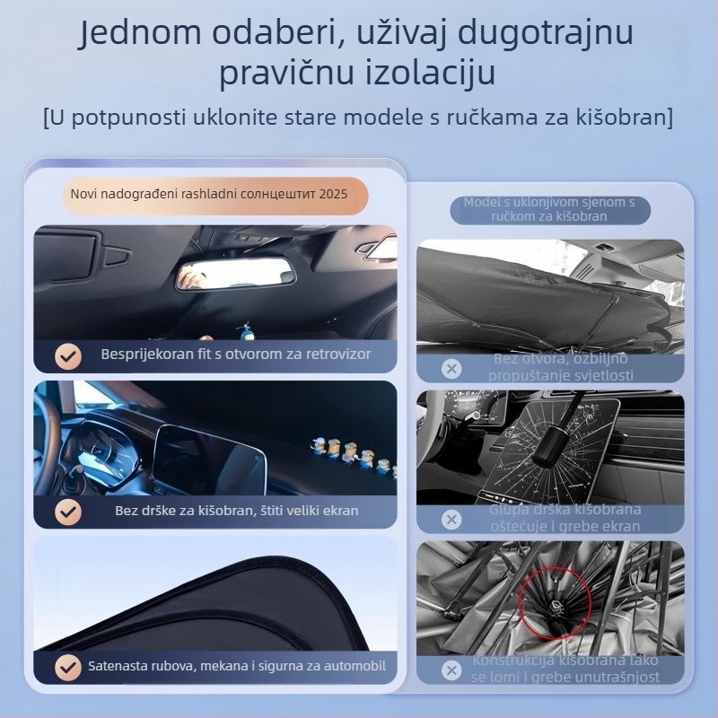 Prednji zaštitnik vjetrobranskog stakla automobila – aluminijska folija, teleskopska ugradnja, opća kompatibilnost, prednji dio