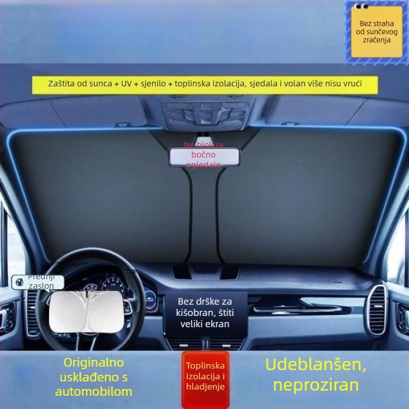 Prednji zaštitnik vjetrobranskog stakla automobila – aluminijska folija, teleskopska ugradnja, opća kompatibilnost, prednji dio