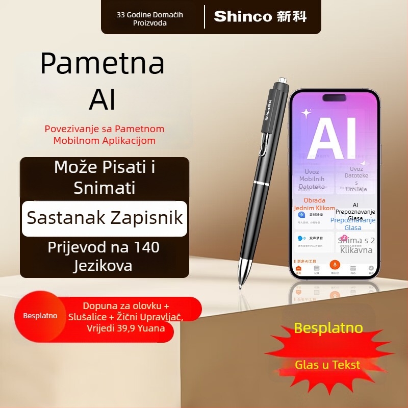Shinco A06 AI diktafon u obliku olovke s Bluetoothom i prijevodom u stvarnom vremenu, WAV snimanje, oko 10 sati, USB 2.0