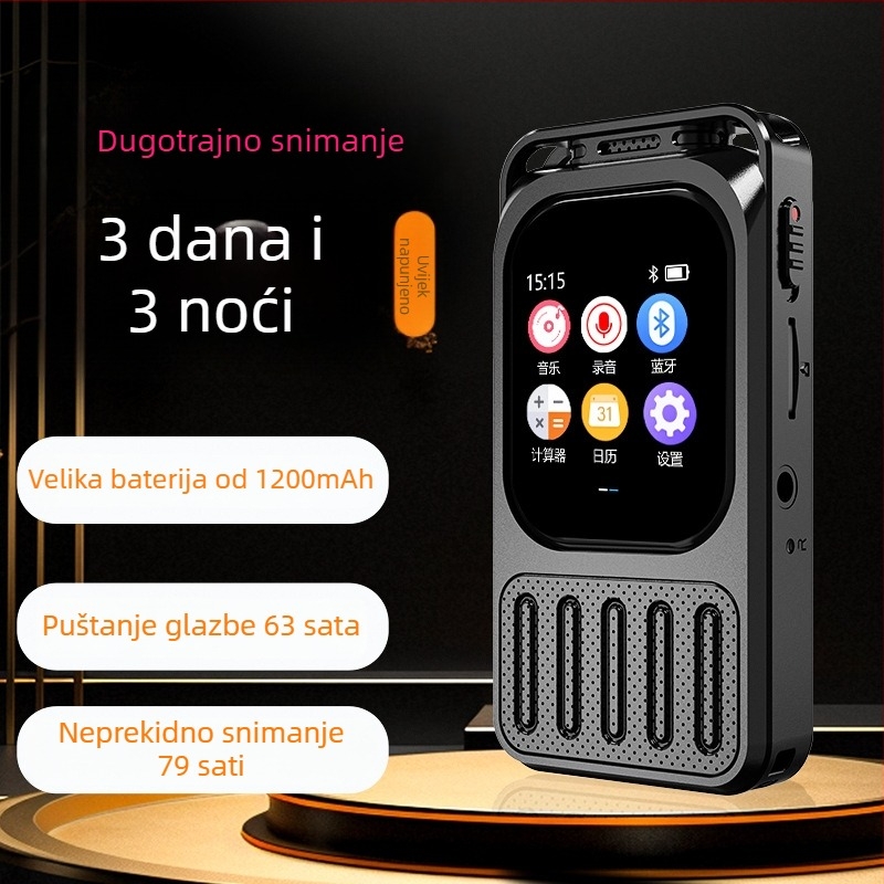 Glasovni snimač i MP3 player s zaslonom osjetljivim na dodir i Bluetoothom, podrška TF kartici, 60-satno trajanje baterije, funkcija snimanja