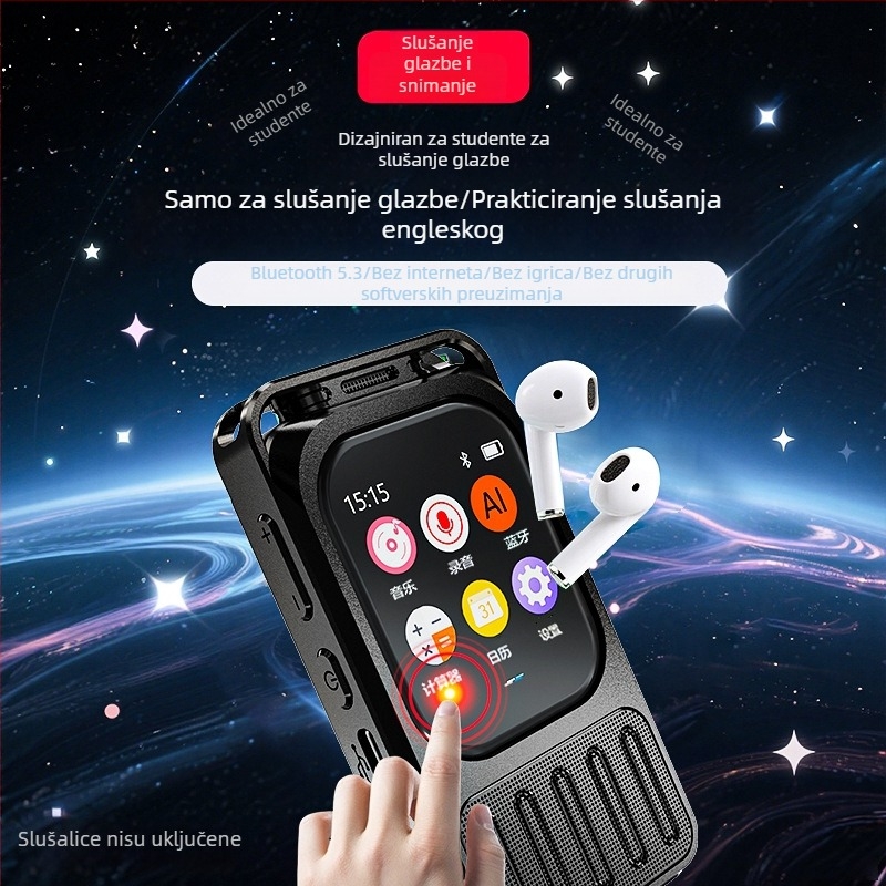Glasovni snimač i MP3 player s zaslonom osjetljivim na dodir i Bluetoothom, podrška TF kartici, 60-satno trajanje baterije, funkcija snimanja