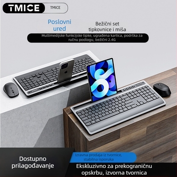 Tiha bežični skup tipkovnice i miša s držačem za tablet, ergonomska podrška dlanu, podsvjetljenje, DPI 800-2400; kompatibilno Windows/macOS/iOS/Android