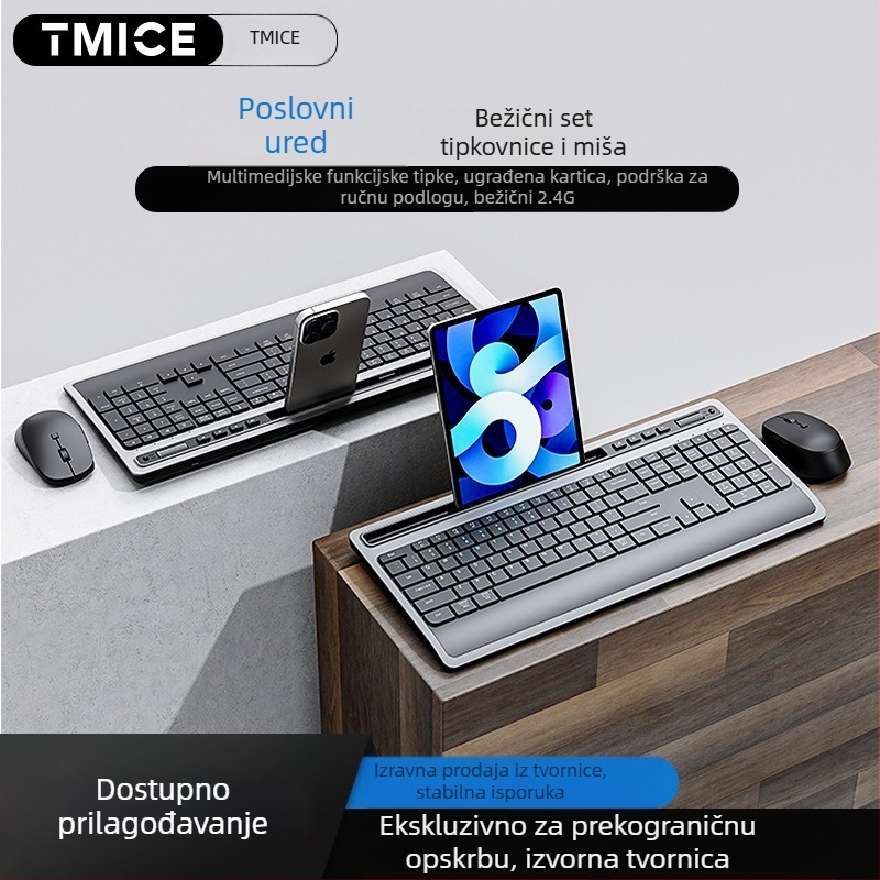 Tiha bežični skup tipkovnice i miša s držačem za tablet, ergonomska podrška dlanu, podsvjetljenje, DPI 800-2400; kompatibilno Windows/macOS/iOS/Android