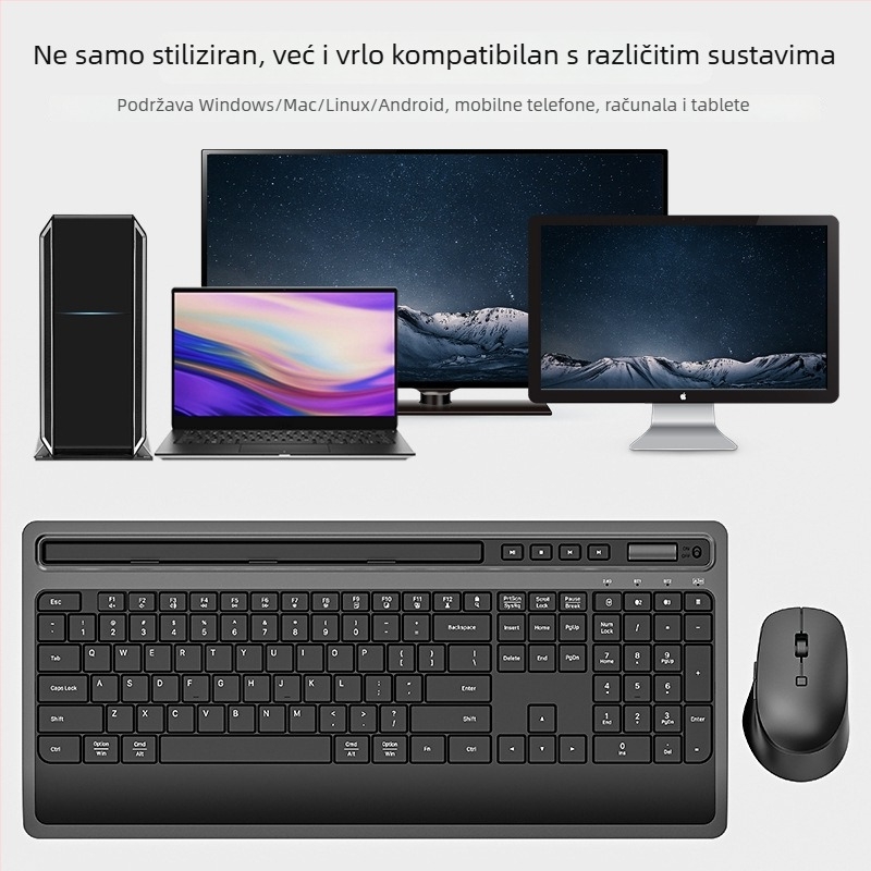 Tiha bežični skup tipkovnice i miša s držačem za tablet, ergonomska podrška dlanu, podsvjetljenje, DPI 800-2400; kompatibilno Windows/macOS/iOS/Android