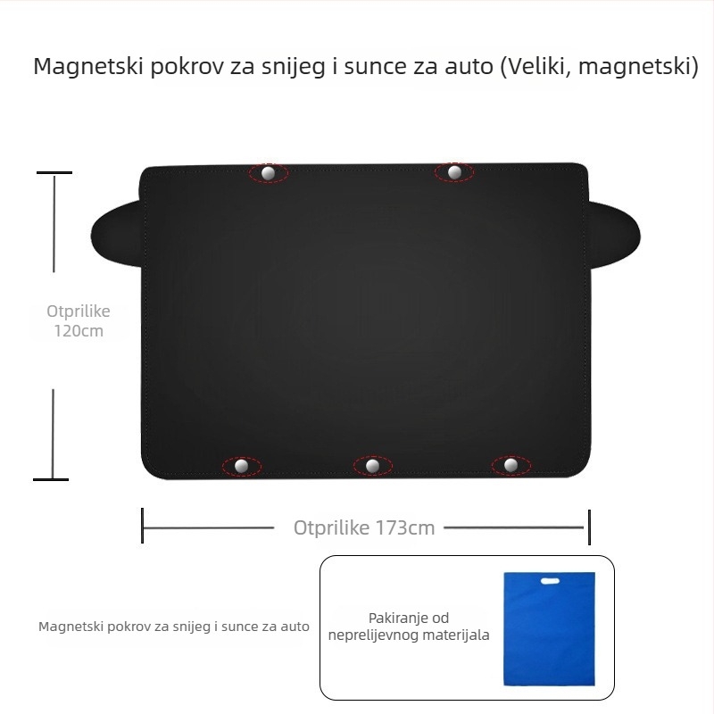Poklopac za prednje staklo automobila protiv snijega i smrzavanja, srebrno presvučeni materijal, ugradnja kopčama, univerzalna primjena