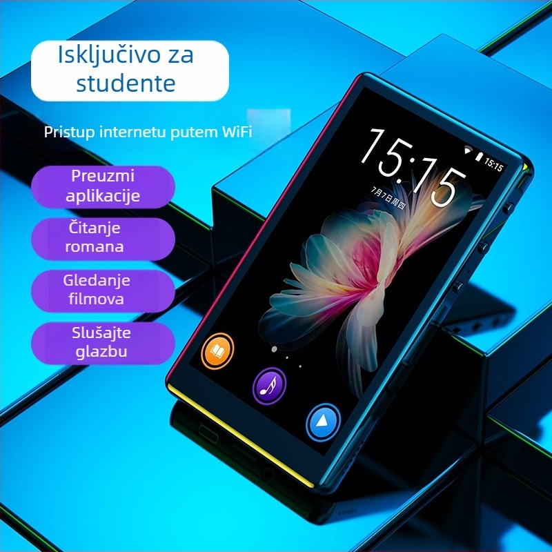 Android-bazirani prenosni MP4 player s Bluetoothom, podrška TF kartici, dodirni zaslon 800x480, baterija 5000mAh, podržava MP3/OGG/FLAC/APE