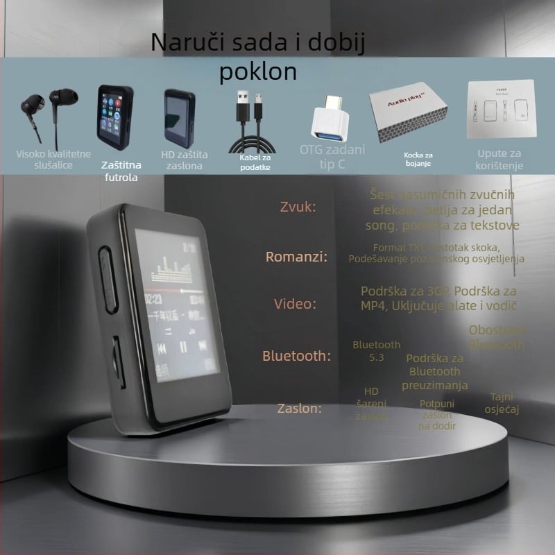 Prijenosni glazbeni player M190, dodirni zaslon + tipke, Bluetooth, TF kartica podrška i USB 2.0, formati MP3/WMA/WAV/OGG/FLAC/AAC/APE