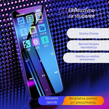 Bluetooth MP4 glazbeni player s dodirnim zaslonom, reprodukcija zvuka bez gubitka kvalitete, ugrađeni snimač i zvučnici.