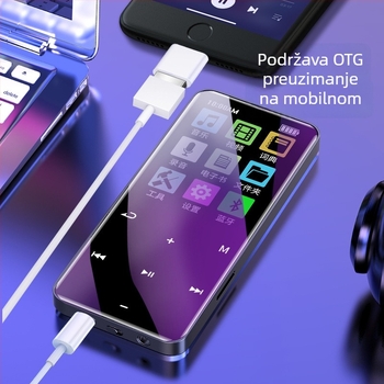 Bluetooth MP4 glazbeni player s dodirnim zaslonom, reprodukcija zvuka bez gubitka kvalitete, ugrađeni snimač i zvučnici.